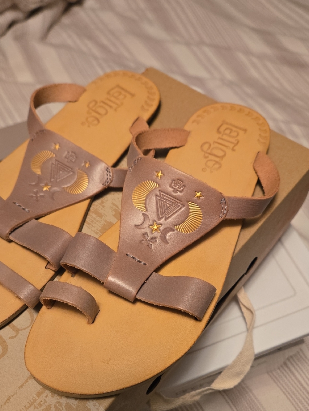 Latigo Leather Slide Sandals with Embossed Sun & Star Design - Taupe